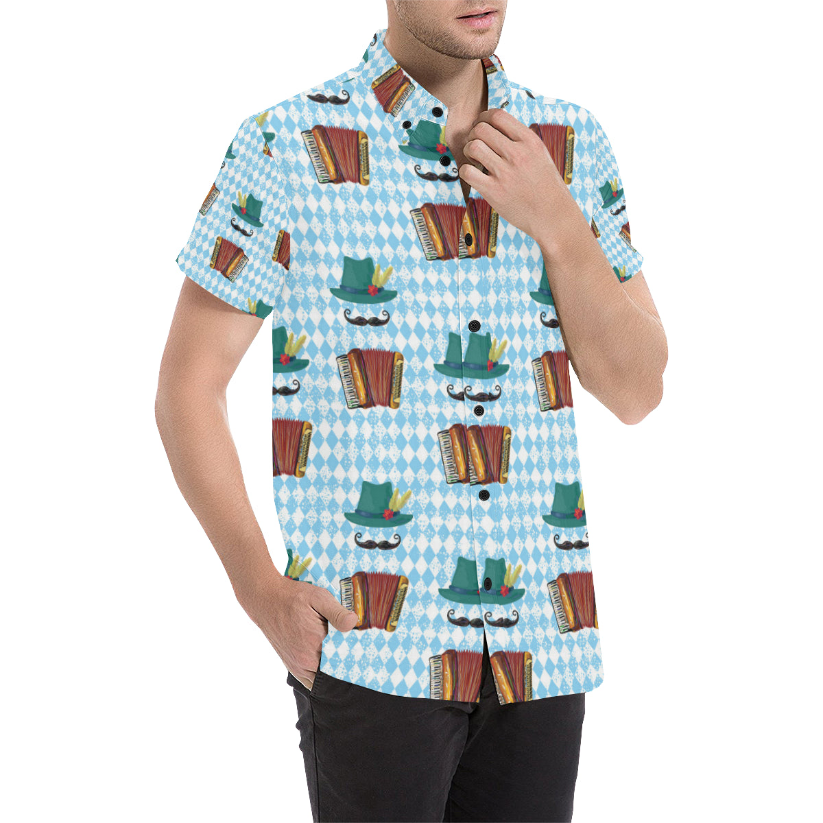Accordion Mustache Pattern Print Design 01 Men's Short Sleeve Button Up Shirt