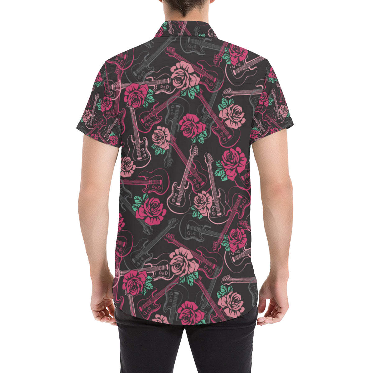 Bass Guitar Pink Rose Pattern Print Design 01 Men's Short Sleeve Button Up Shirt