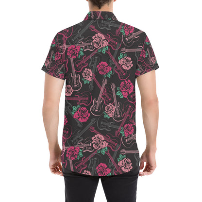 Bass Guitar Pink Rose Pattern Print Design 01 Men's Short Sleeve Button Up Shirt