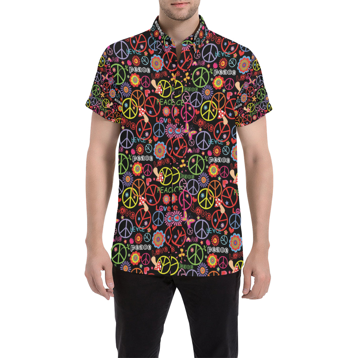 Peace Sign Colorful Design Print Men's Short Sleeve Button Up Shirt