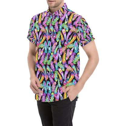 Neon Feather Pattern Print Design A02 Men's Short Sleeve Button Up Shirt