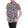 Neon Feather Pattern Print Design A02 Men's Short Sleeve Button Up Shirt