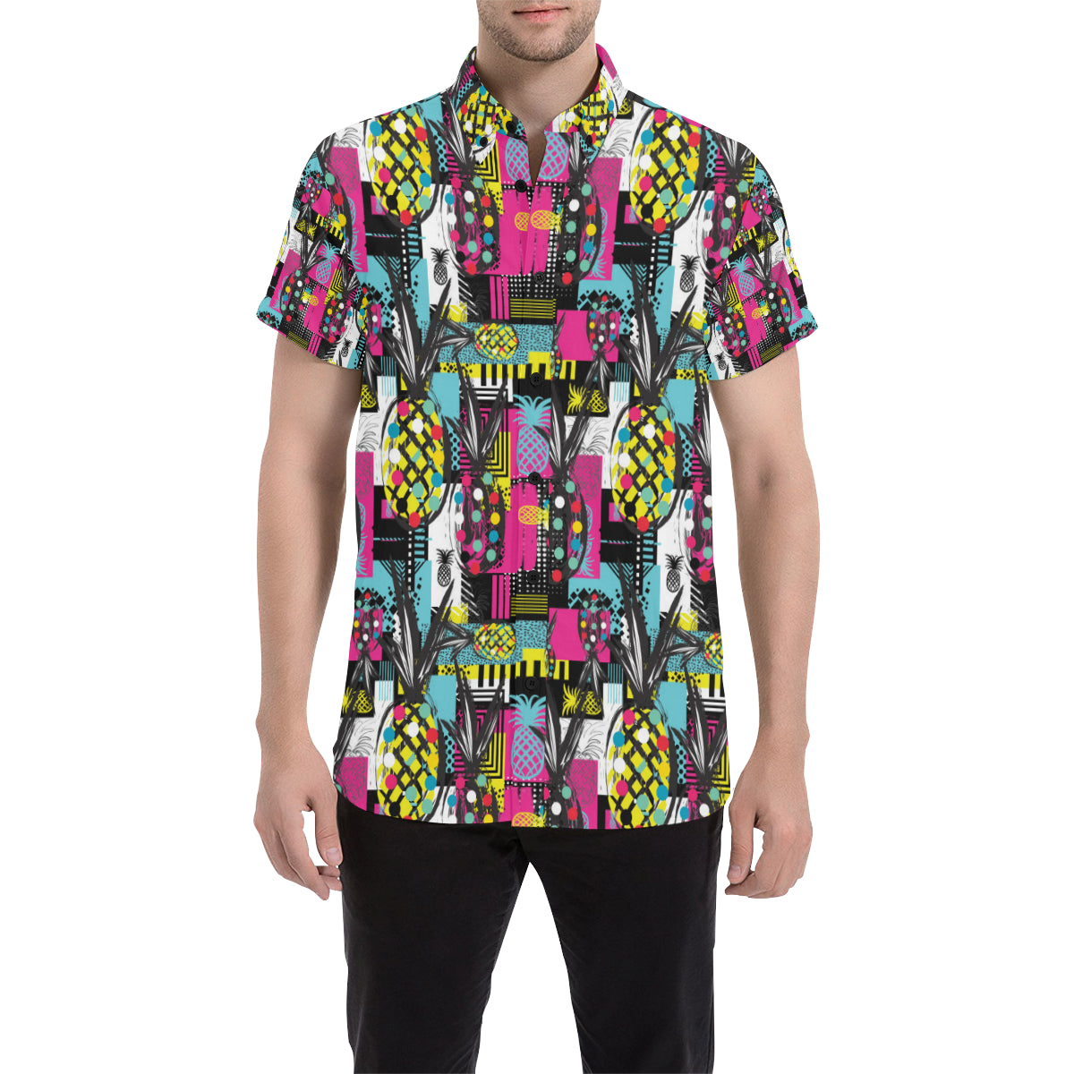 Pop Art Pineapple Pattern Print Design A02 Men's Short Sleeve Button Up Shirt
