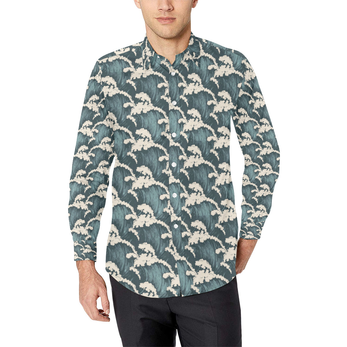 Wave Art Print Men's Long Sleeve Shirt