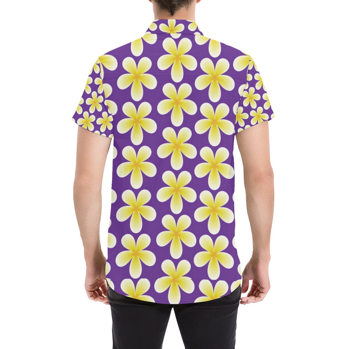 Yellow Plumeria Pattern Print Design PM05 Men's Short Sleeve Button Up Shirt