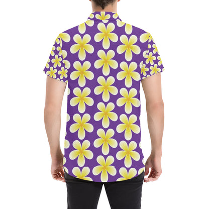 Yellow Plumeria Pattern Print Design PM05 Men's Short Sleeve Button Up Shirt