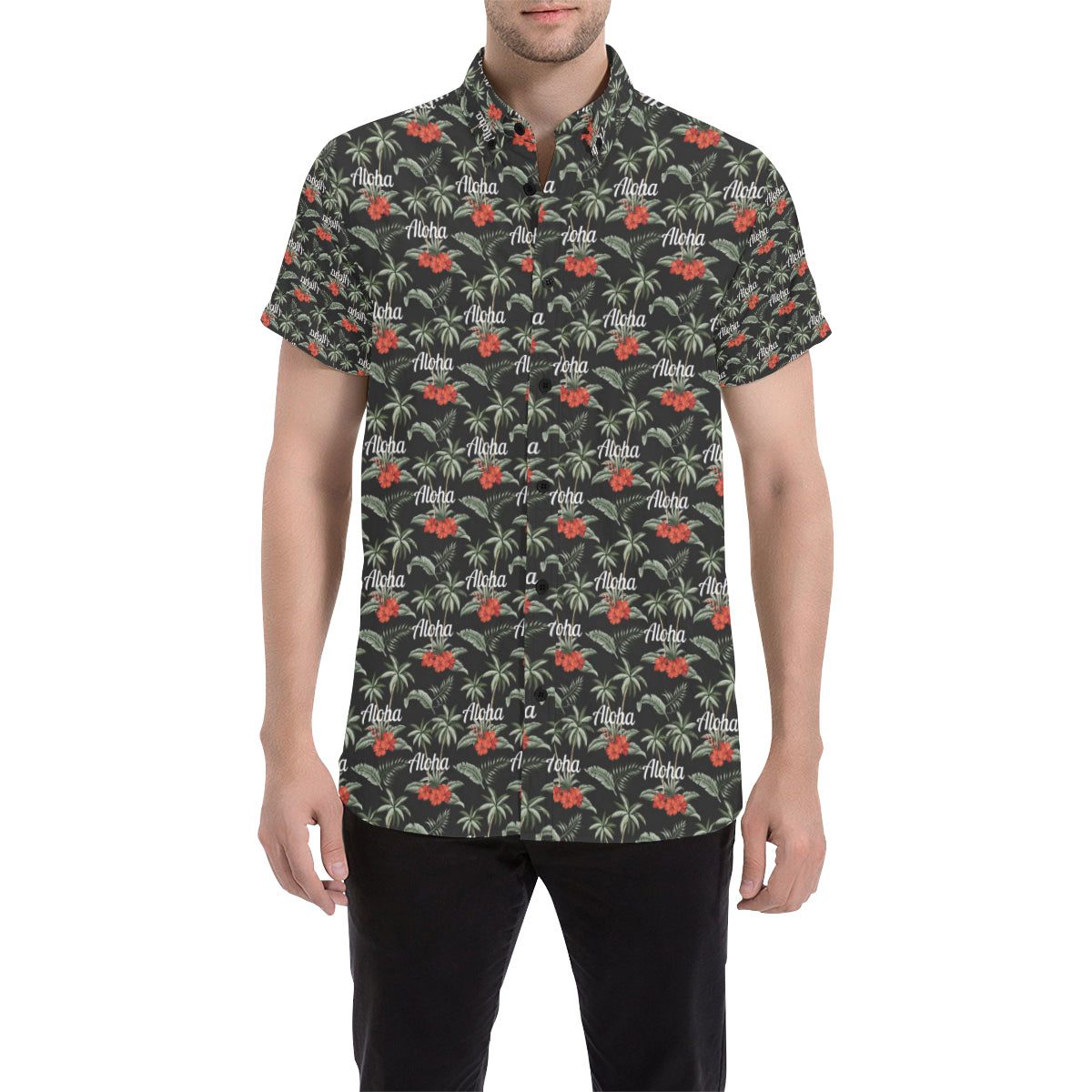Aloha Palm Tree Design Themed Print Men's Short Sleeve Button Up Shirt