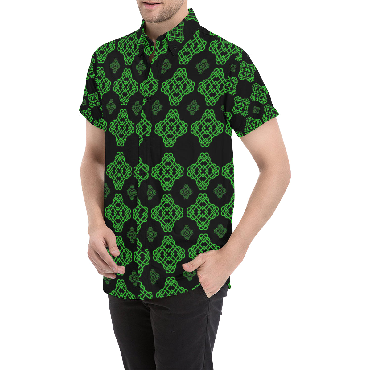 Celtic Knot Green Neon Design Men's Short Sleeve Button Up Shirt