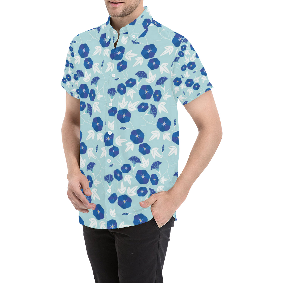 Morning Glory Pattern Print Design MG07 Men's Short Sleeve Button Up Shirt