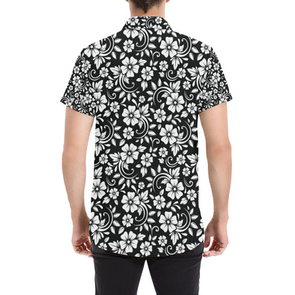 Floral Black White Themed Print Men's Short Sleeve Button Up Shirt