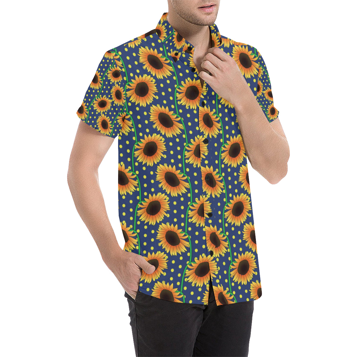 Sunflower Pattern Print Design SF03 Men's Short Sleeve Button Up Shirt