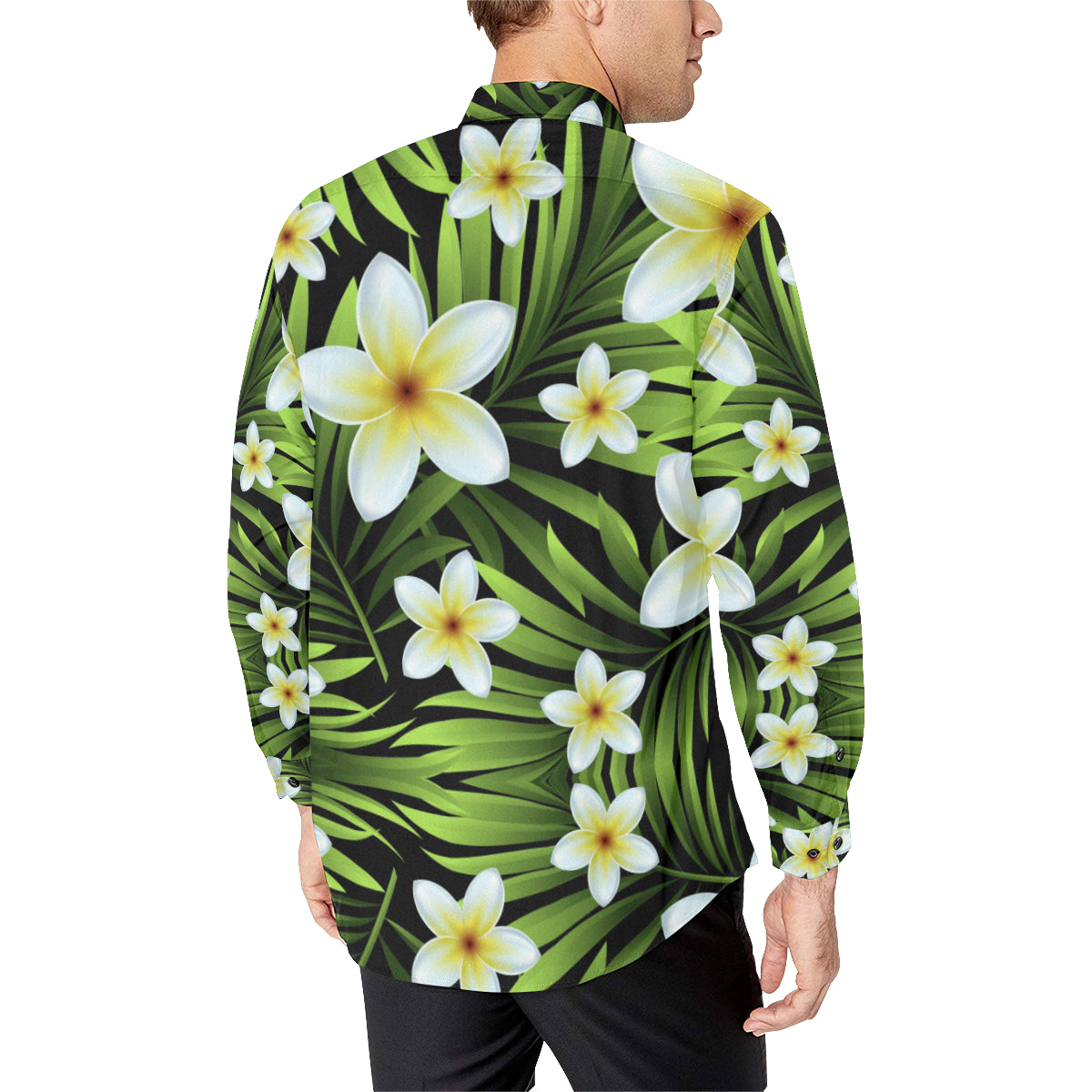 White Plumeria Pattern Print Design PM06 Men's Long Sleeve Shirt