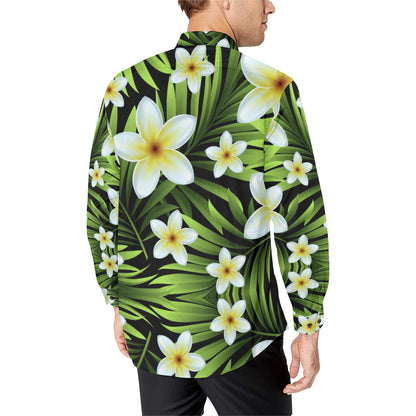 White Plumeria Pattern Print Design PM06 Men's Long Sleeve Shirt