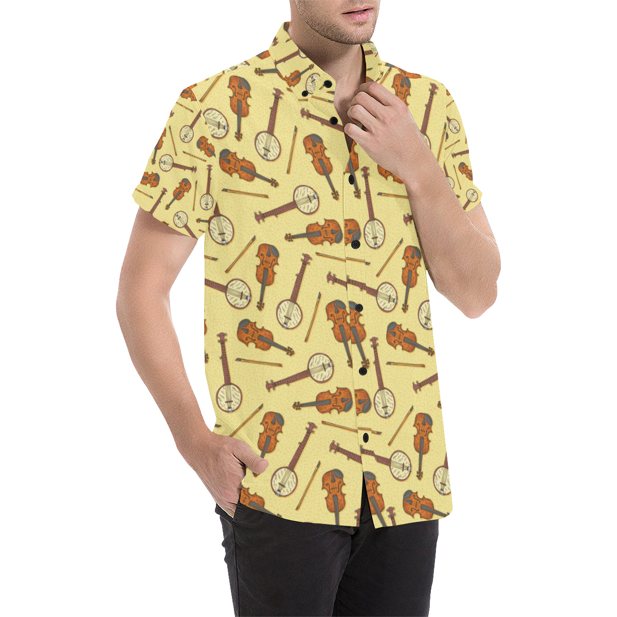 Banjo Violin Pattern Print Design 01 Men's Short Sleeve Button Up Shirt