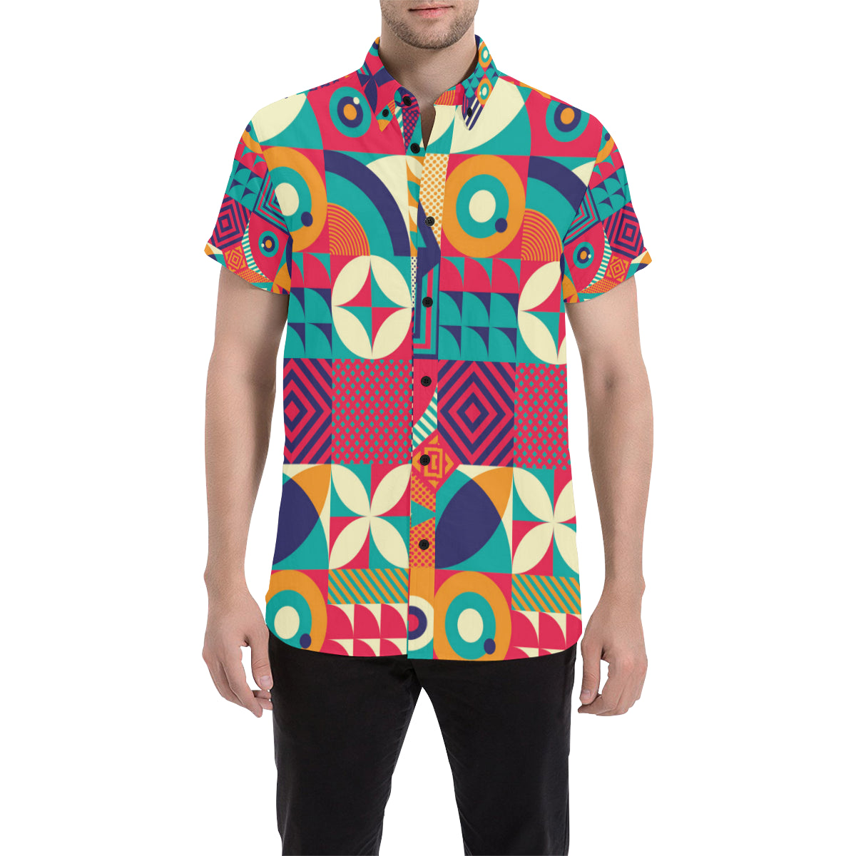 Mosaic Pattern Print Design 03 Men's Short Sleeve Button Up Shirt
