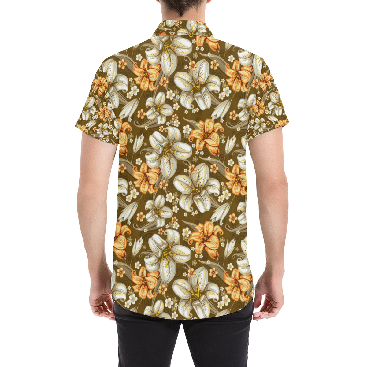 Lily Pattern Print Design 01 Men's Short Sleeve Button Up Shirt