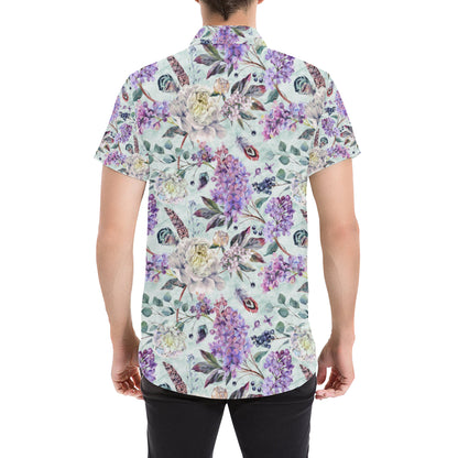 Lilac Pattern Print Design LI06 Men's Short Sleeve Button Up Shirt