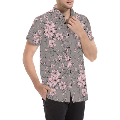 Cherry Blossom Pattern Print Design CB05 Men's Short Sleeve Button Up Shirt