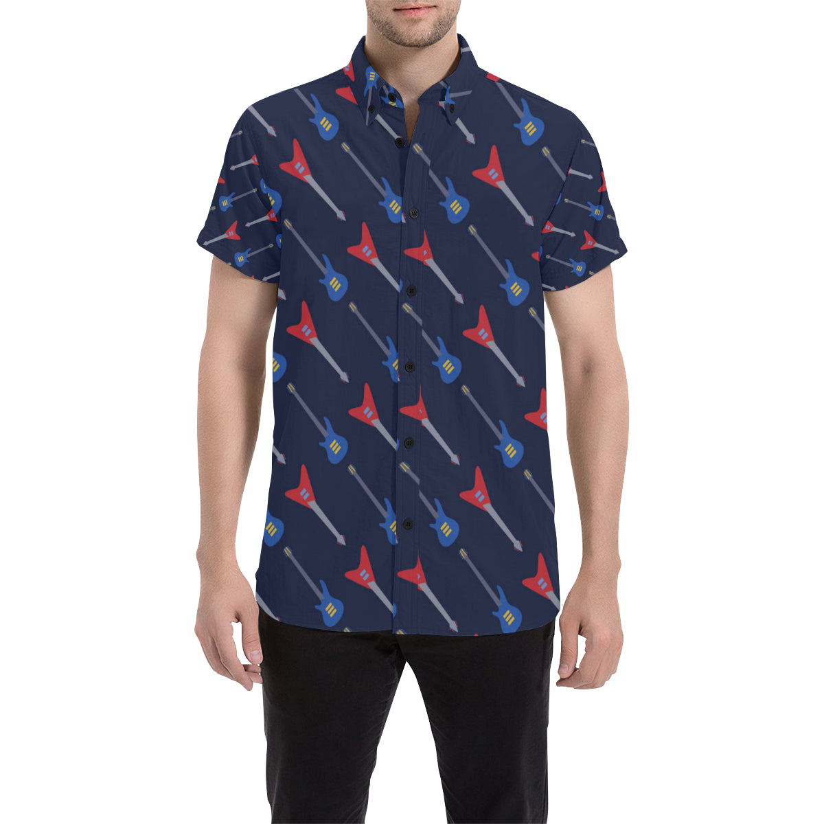 Electric Guitar Pattern Print Design 01 Men's Short Sleeve Button Up Shirt