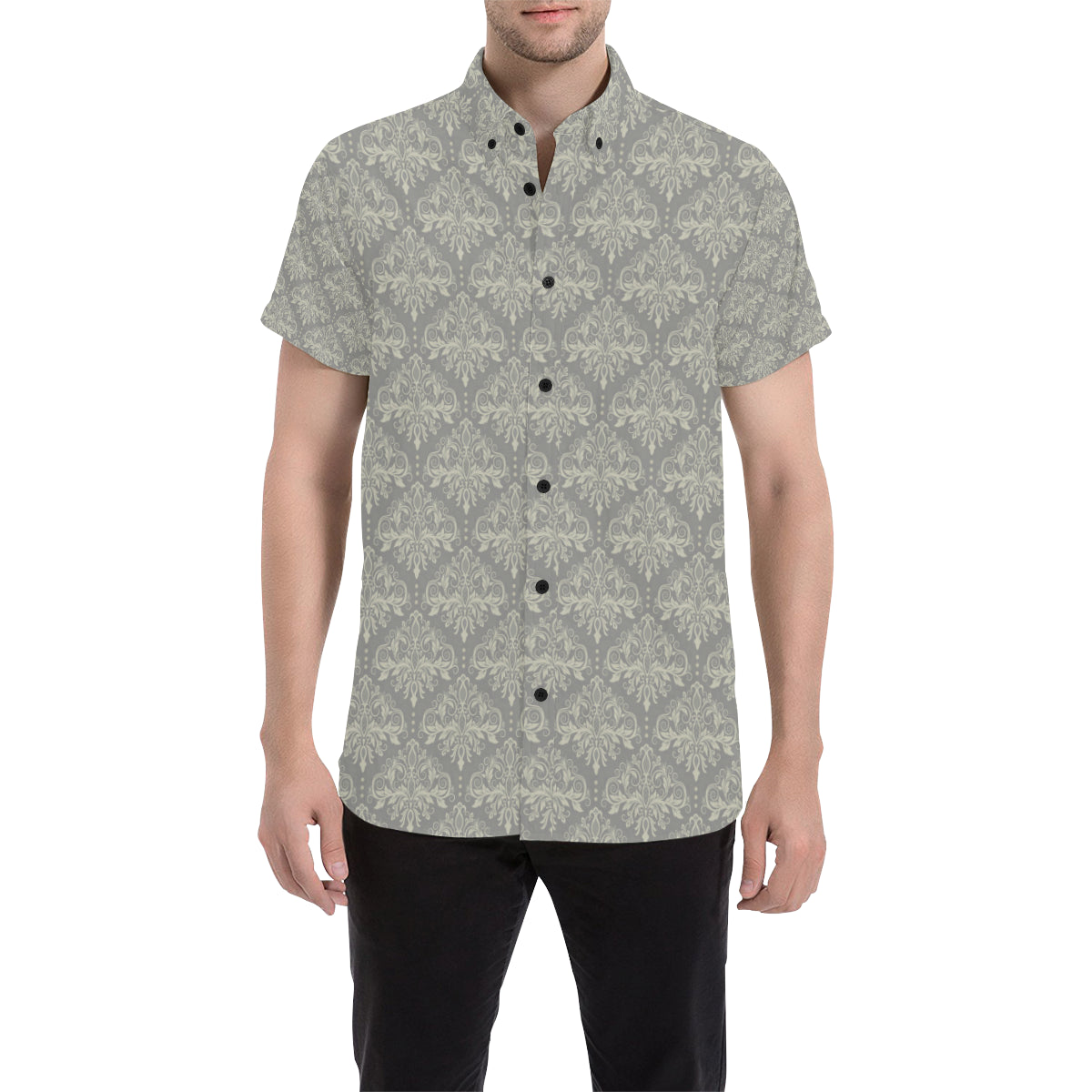 Damask Grey Elegant Print Pattern Men's Short Sleeve Button Up Shirt