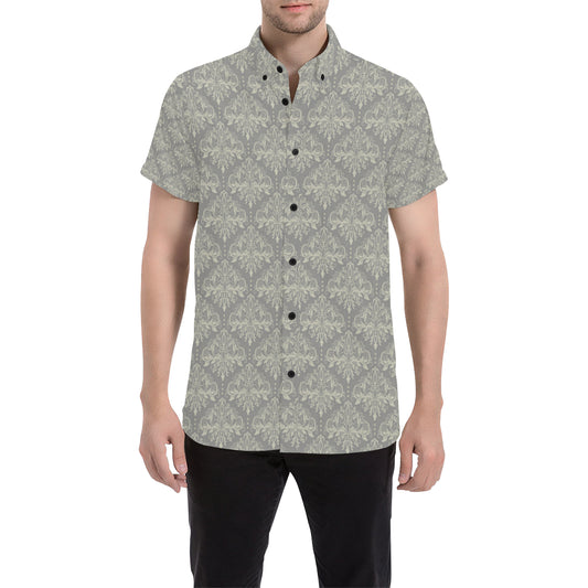 Damask Grey Elegant Print Pattern Men's Short Sleeve Button Up Shirt