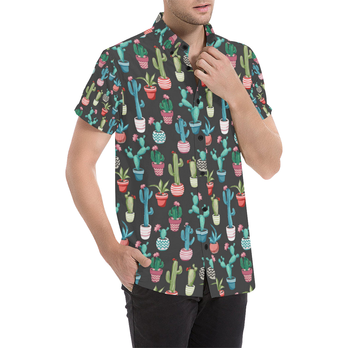 Cactus Pattern Print Design 02 Men's Short Sleeve Button Up Shirt