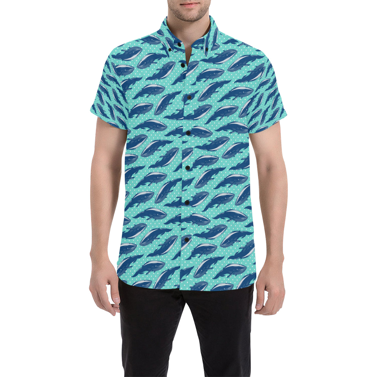 Whale Polka Dot Design Themed Print Men's Short Sleeve Button Up Shirt
