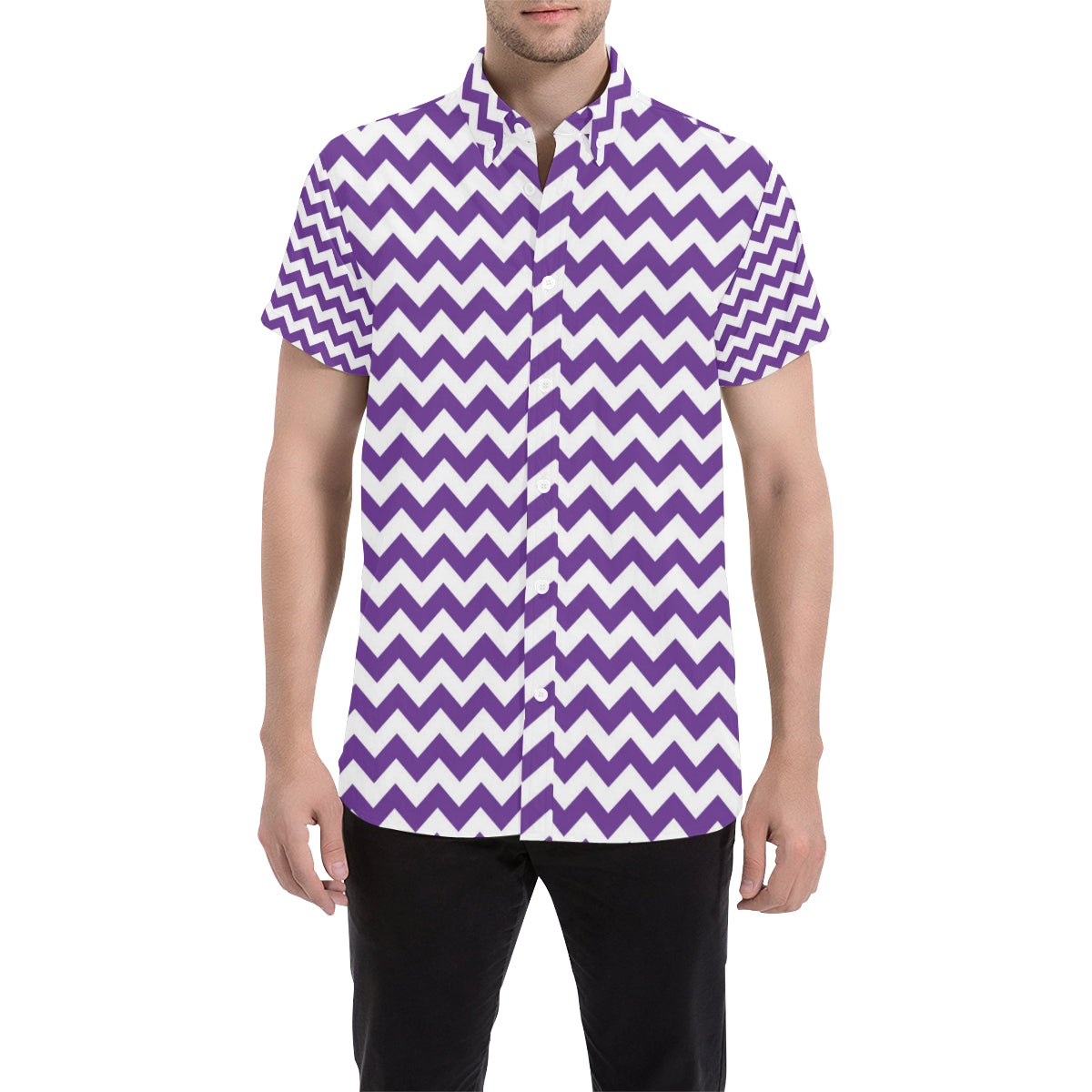 Chevron Purple Pattern Print Design 03 Men's Short Sleeve Button Up Shirt