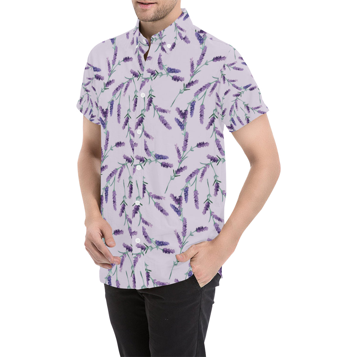 Lavender Pattern Print Design 02 Men's Short Sleeve Button Up Shirt