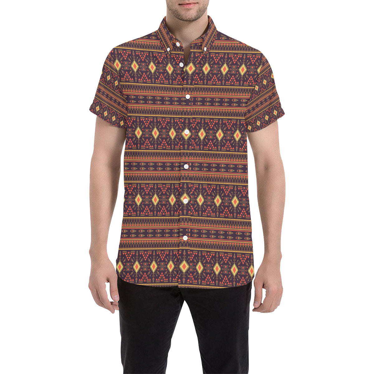 Southwest Ethnic Design Themed Print Men's Short Sleeve Button Up Shirt