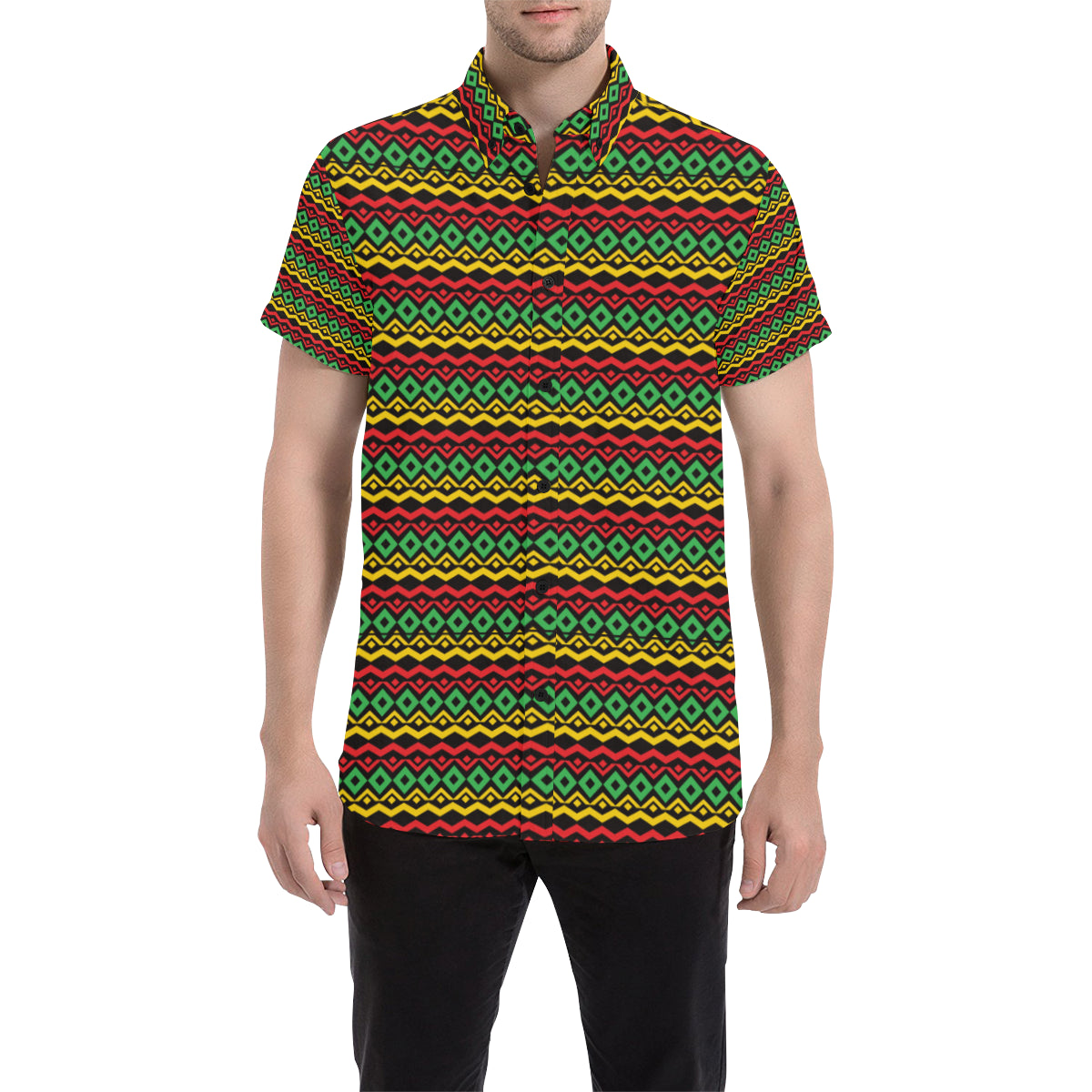 Rasta Reggae Color Themed Men's Short Sleeve Button Up Shirt