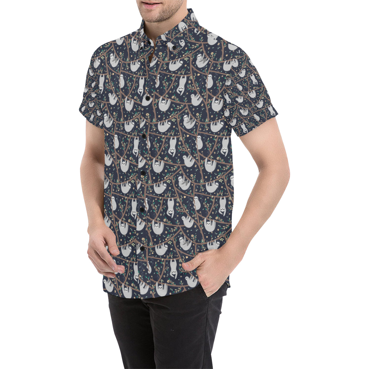 Sloth Happy Design Themed Print Men's Short Sleeve Button Up Shirt