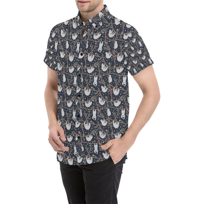 Sloth Happy Design Themed Print Men's Short Sleeve Button Up Shirt
