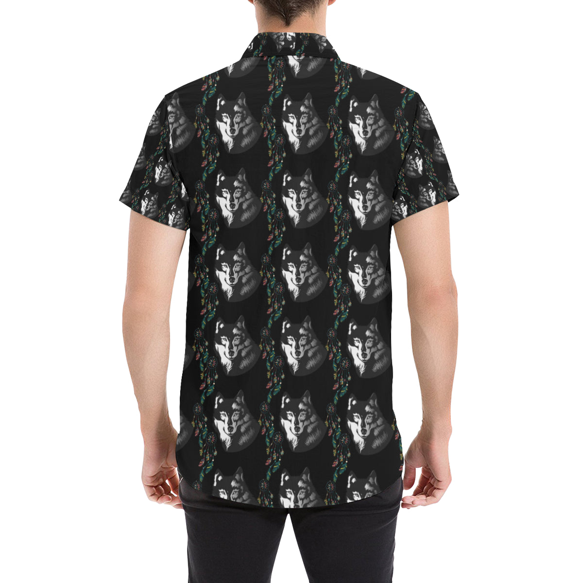 Wolf Black Dream Catcher Design Print Men's Short Sleeve Button Up Shirt