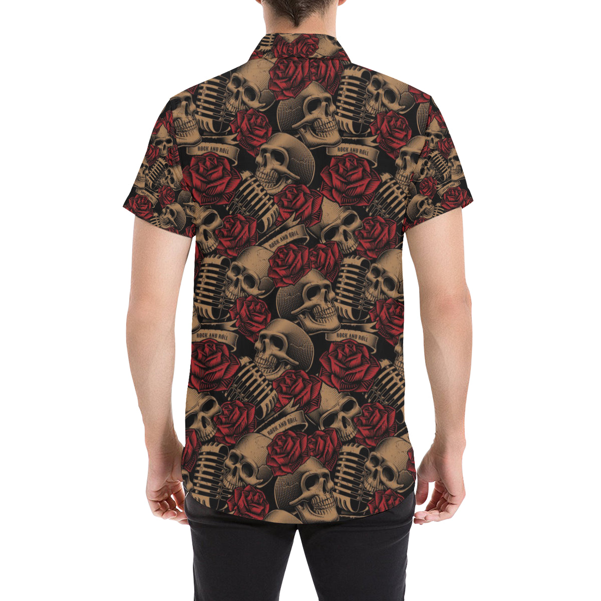 Microphone Skull Rose Pattern Print Design 02 Men's Short Sleeve Button Up Shirt