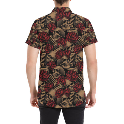 Microphone Skull Rose Pattern Print Design 02 Men's Short Sleeve Button Up Shirt
