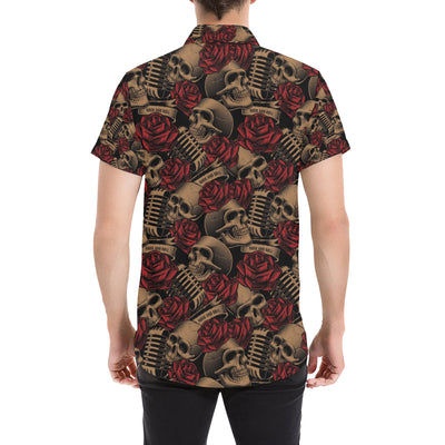 Microphone Skull Rose Pattern Print Design 02 Men's Short Sleeve Button Up Shirt