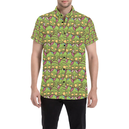 Zombie Head Design Pattern Print Men's Short Sleeve Button Up Shirt