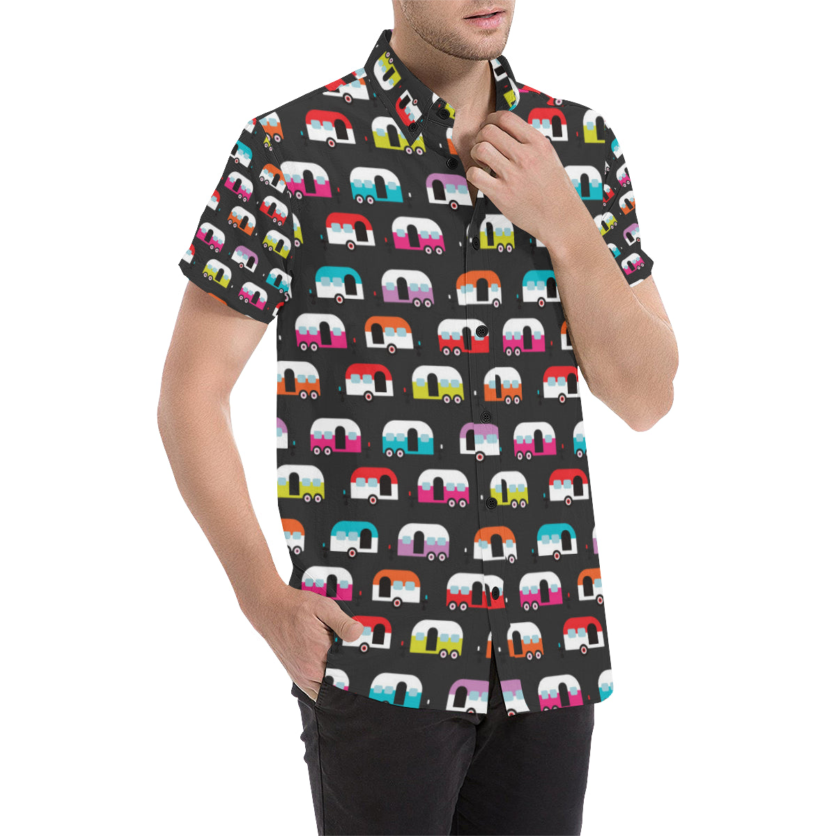 Camper Caravan Pattern Men's Short Sleeve Button Up Shirt