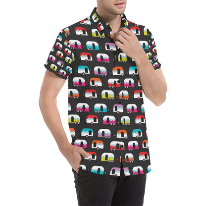 Camper Caravan Pattern Men's Short Sleeve Button Up Shirt