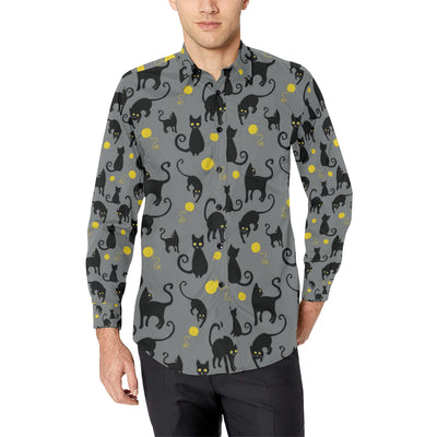 Black Cat Yellow Yarn Print Pattern Men's Long Sleeve Shirt