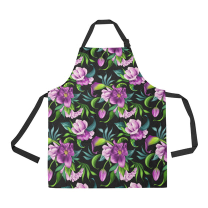 Bright Purple Floral Pattern Apron with Pocket
