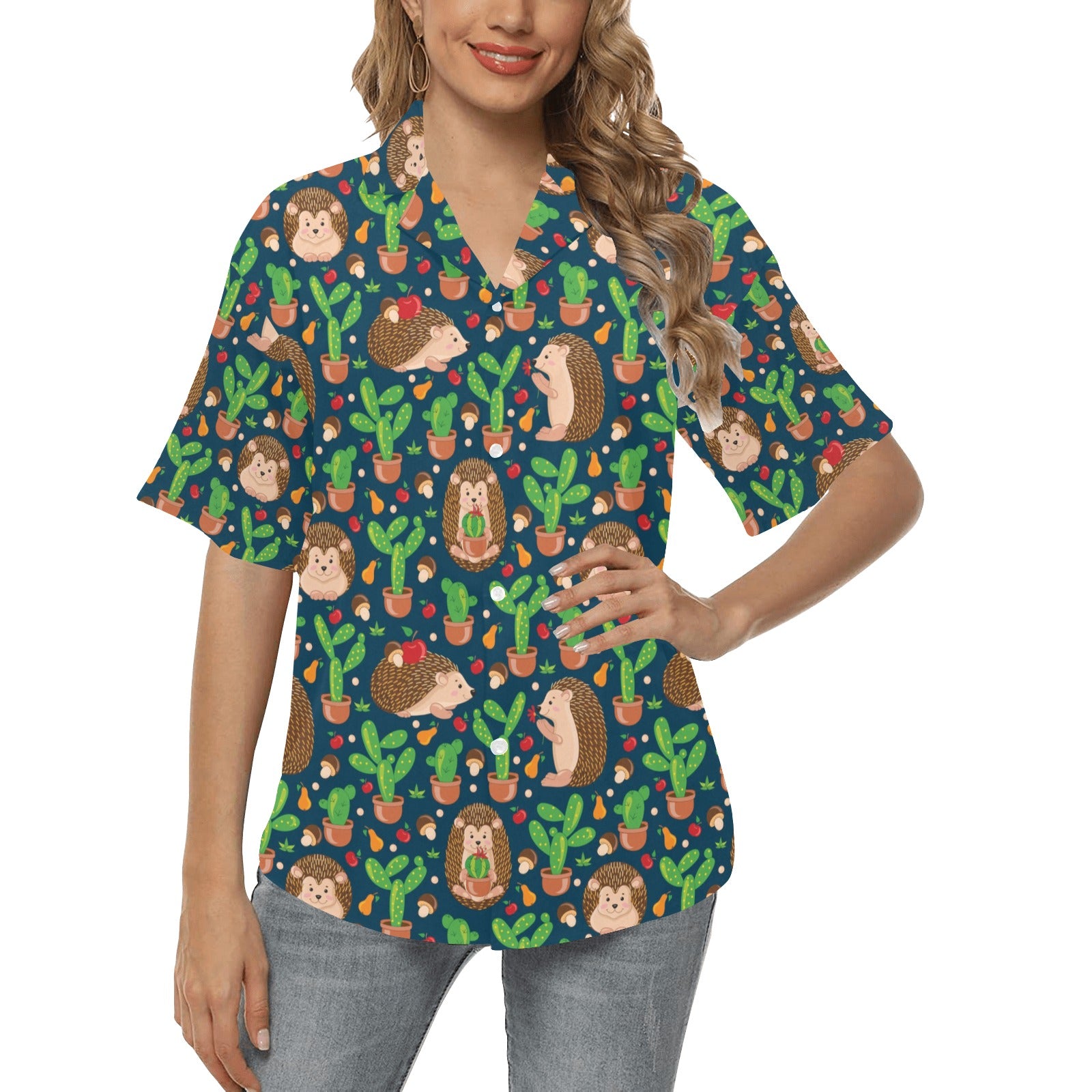 Hedgehog Cactus Pattern Print Design 04 Women's Hawaiian Shirt