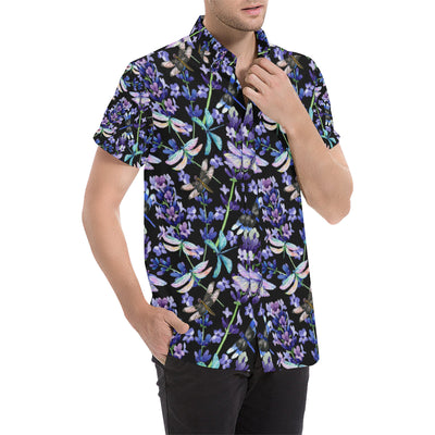 Lavender Dragonfly Pattern Print Design LV03 Men's Short Sleeve Button Up Shirt