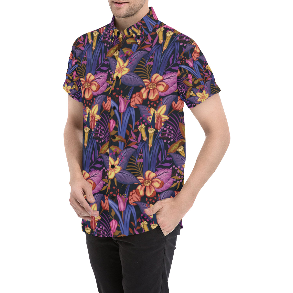 Lily Pattern Print Design LY016 Men's Short Sleeve Button Up Shirt