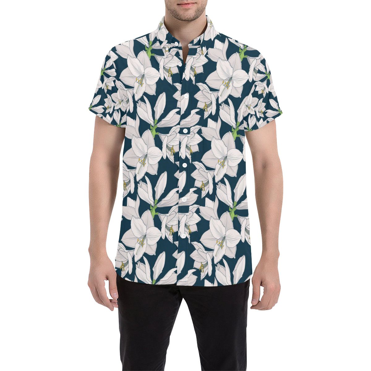 Amaryllis Pattern Print Design 01 Men's Short Sleeve Button Up Shirt