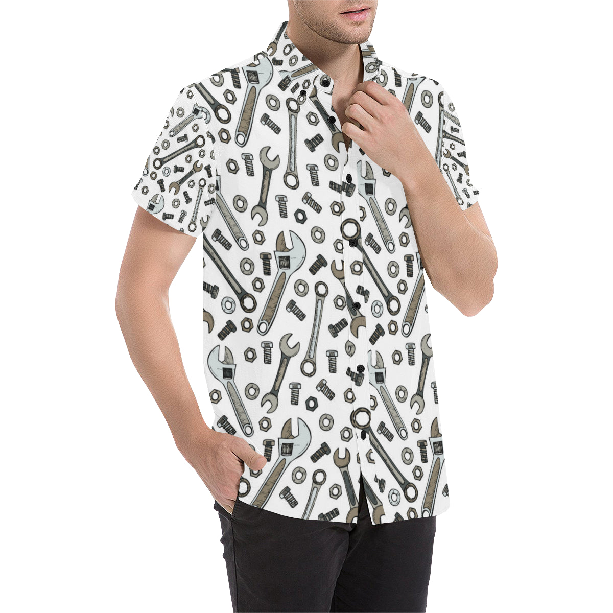Mechanic Pattern Print Design 03 Men's Short Sleeve Button Up Shirt