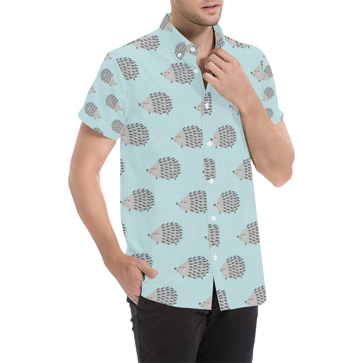 Hedgehog Pattern Print Design 02 Men's Short Sleeve Button Up Shirt