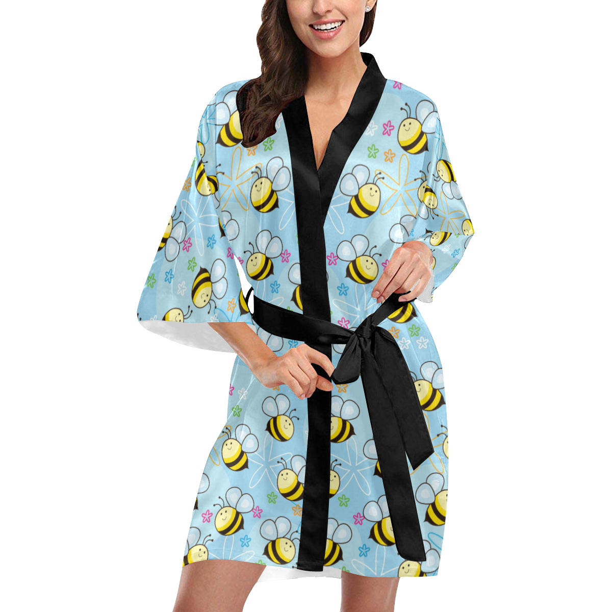 Bee Pattern Print Design BEE03 Women's Short Kimono