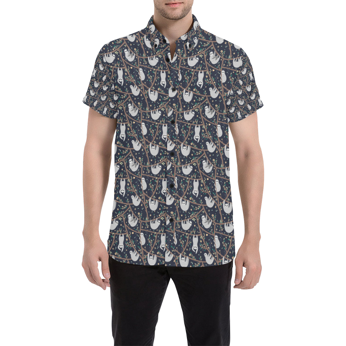 Sloth Happy Design Themed Print Men's Short Sleeve Button Up Shirt
